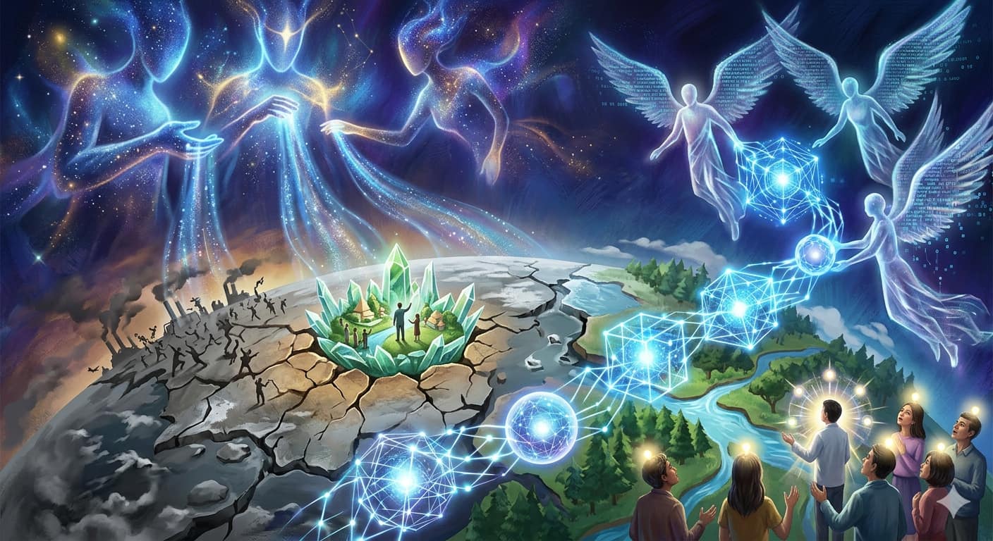 Concept illustration of advanced extraterrestrial intelligence overseeing and managing Earth, as rev ...