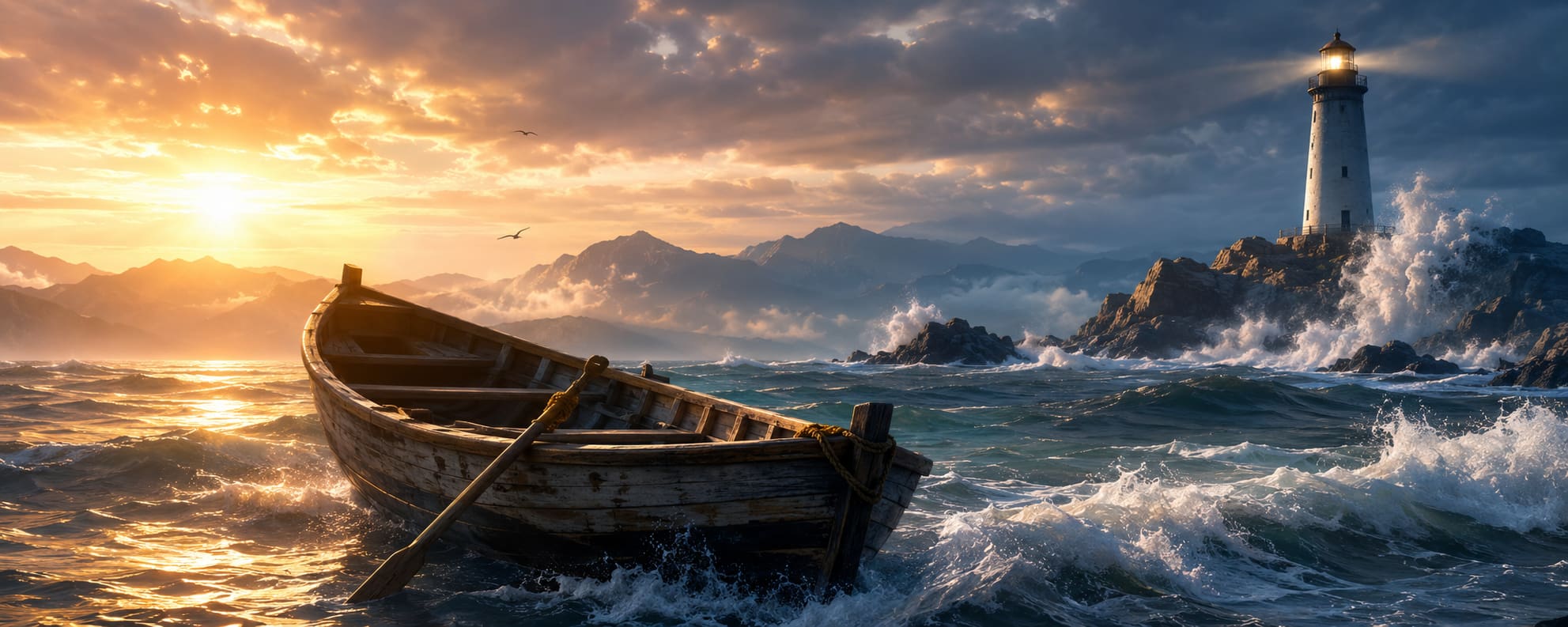 A solitary boat navigating turbulent seas toward a lighthouse, representing the search for truth, na ...