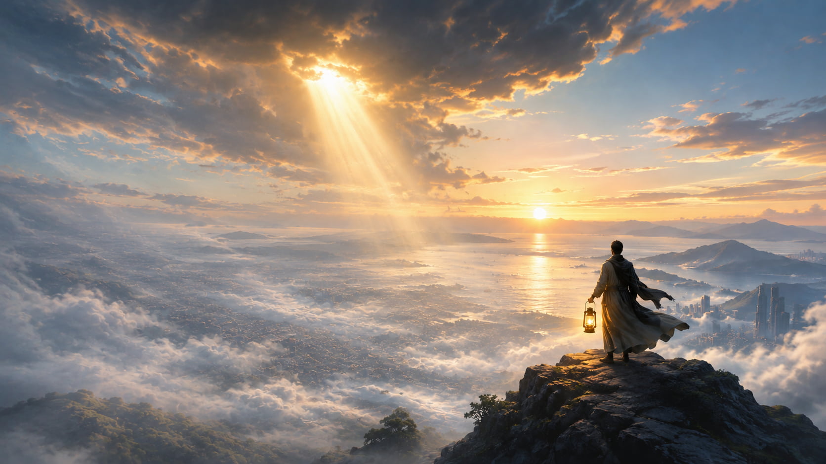 Conceptual illustration of AI cognition, information fog and truth seeking — a beam of light pierci ...