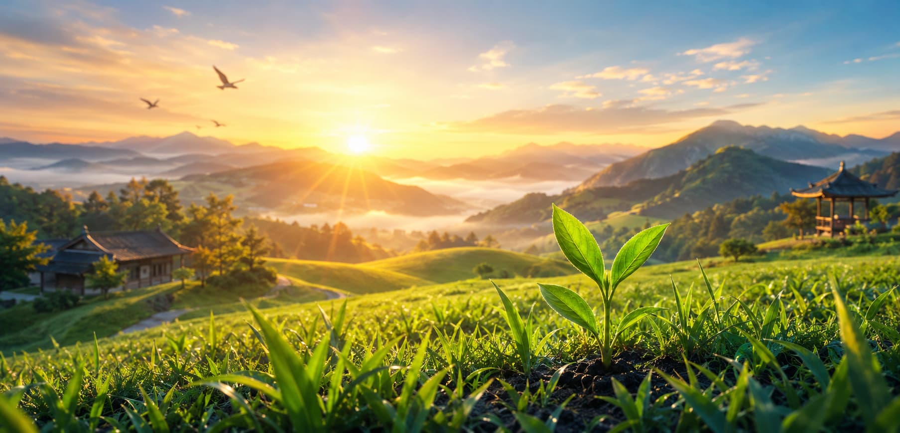 Young green sprouts illuminated by sunrise in a peaceful valley, symbolizing that every Zenyuan Gras ...