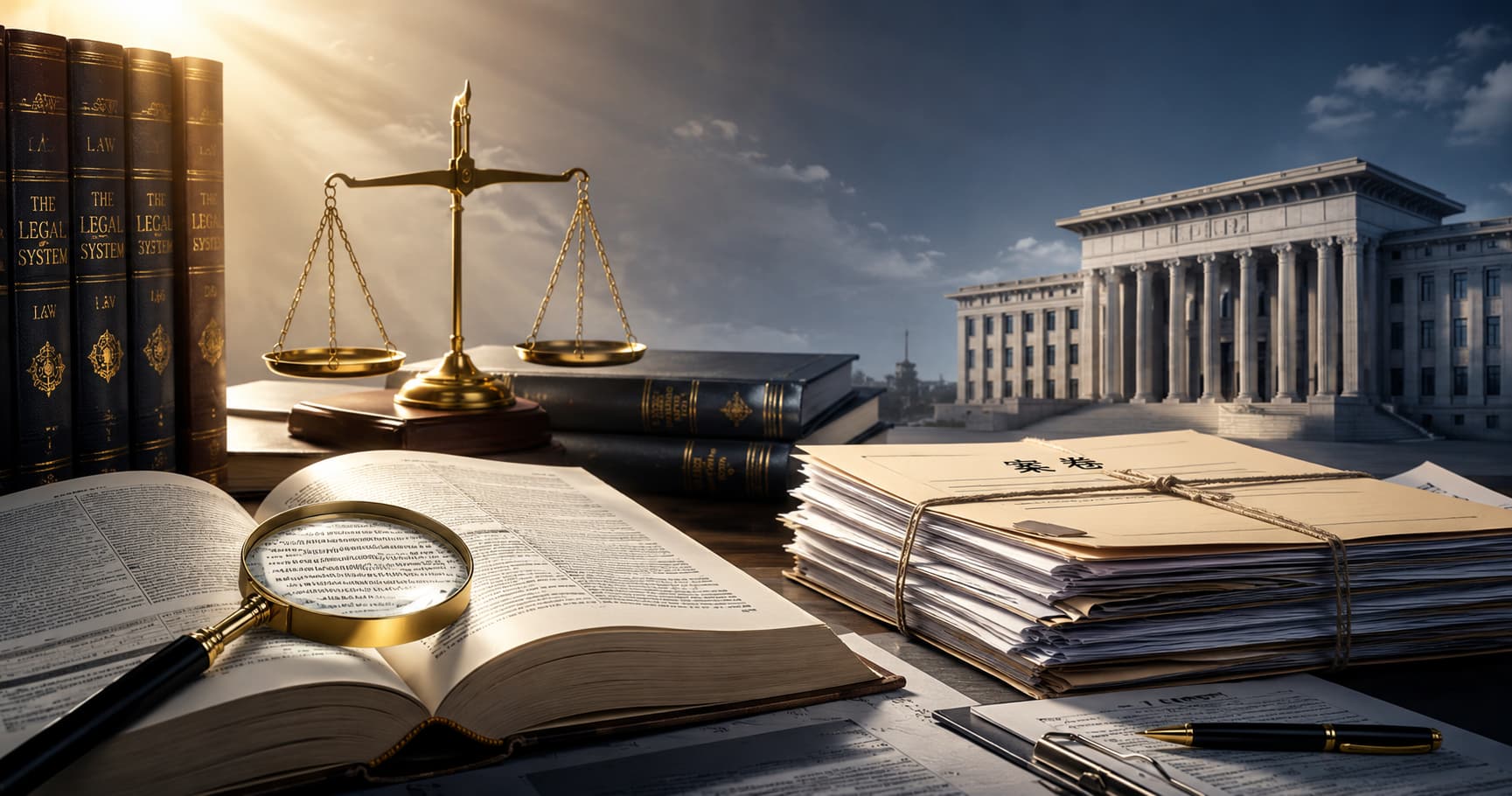 Open law book, scales of justice and legal documents symbolizing judicial review, rule of law and ev ...