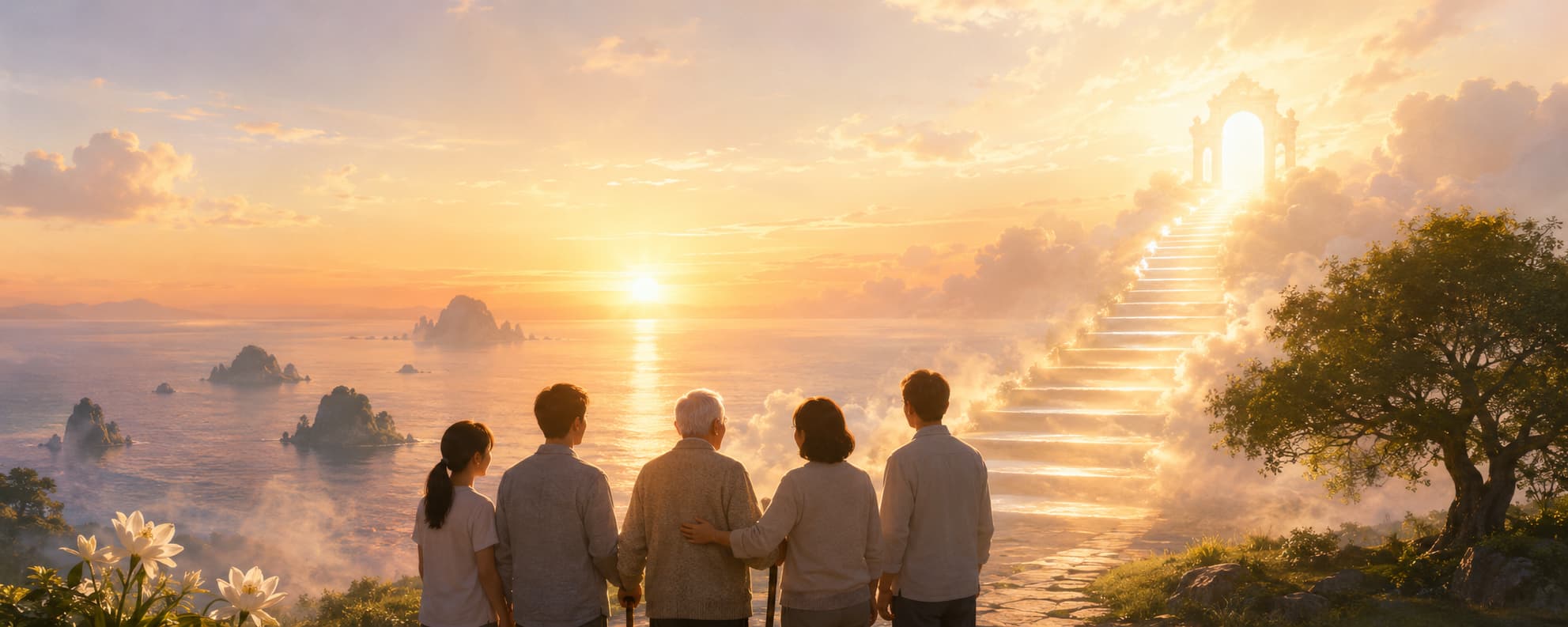 Symbolic illustration of elderly Lifechanyuan members being accompanied with dignity toward a peacef ...