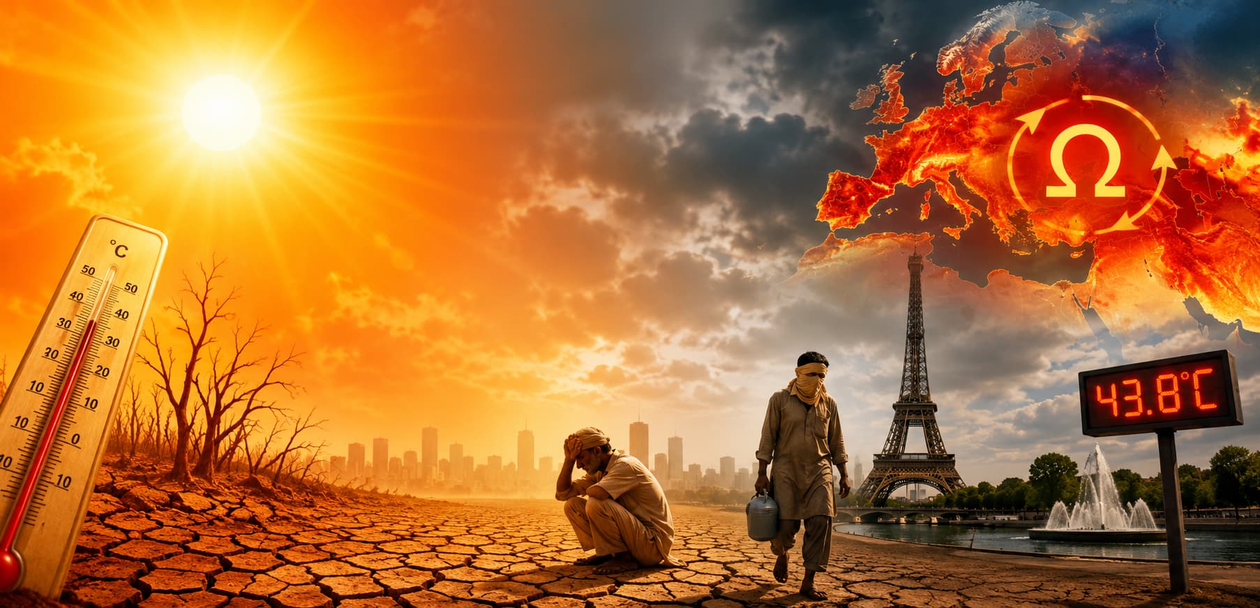 Panoramic illustration of the 2026 global heatwave affecting Europe and Asia, representing extreme c ...