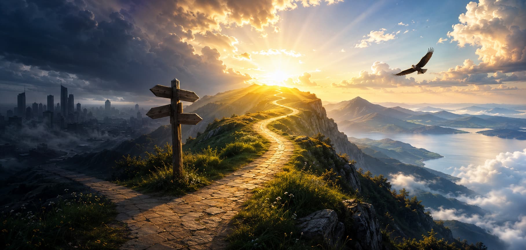 Golden sunrise over a mountain path symbolizing reflection understanding and a peaceful future
